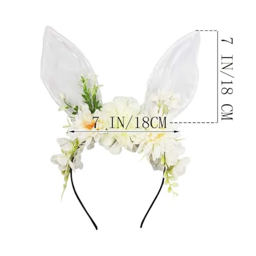 Women Easter Bunny Ears Headband Flowers Crown Rabbit Ears Party Headwear - color: White