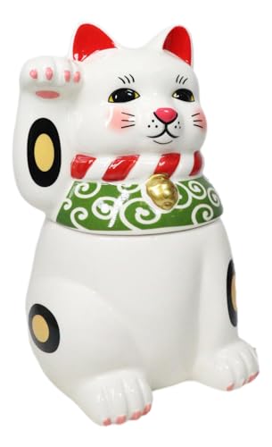 Ebros Gift Japanese Maneki Neko Lucky Charm Cat with Right Paw Up Ceramic Cookie Jar Kitchen Decor Figurine Accent