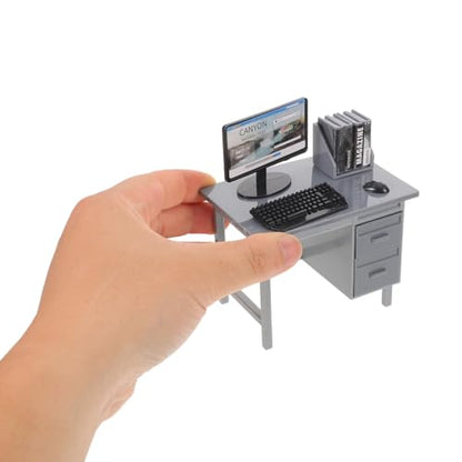 Garneck 2 Sets Miniature Dollhouse Office Desk Set: 1:12 Scale Computer Table Chair Keyboard Mouse Monitor Books CPU Accessories for Mini Furniture Display Pretend School Project