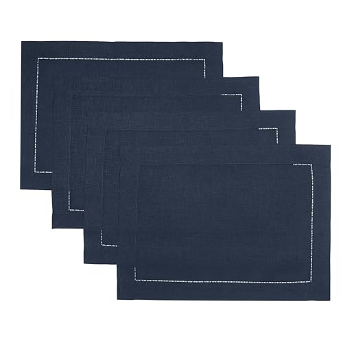 D'Moksha Homes Linen Placemats Set of 4 - Classic Hemstitch Navy Blue Placemats 14 x 19 Inch - 100% Pure Linen Table Mats for Spring - Handcrafted and Machine Washable - color: 02 - Navy Blue
