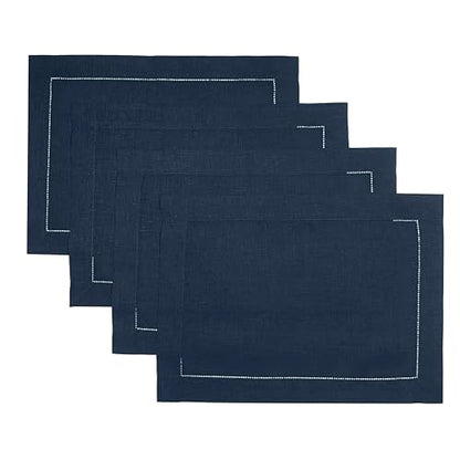 D'Moksha Homes Linen Placemats Set of 4 - Classic Hemstitch Navy Blue Placemats 14 x 19 Inch - 100% Pure Linen Table Mats for Spring - Handcrafted and Machine Washable - color: 02 - Navy Blue