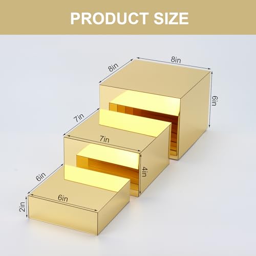 Acrylic Mirror Display Riser, 3 Pcs Glossy Gold Risers for Display Food Display Lifter Nesting Display Risers Hollow Bottom, Acrylic Box Rack Perfume Cosmetics Collection Stand - color: Gold