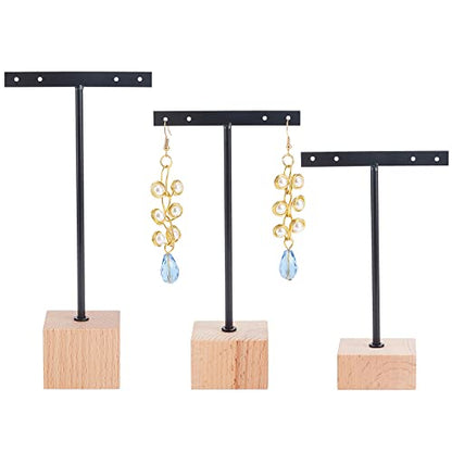 FINGERINSPIRE 3 Pcs Black Metal T Bar Earring Display Stand with Wooden Square Base 4 Holes Earrings T Stand Hanging Earring Organizer for Store Retail Photography Props（4.7 & 5.5 & 6.3 inch Height） - color: 4 Holes With Square Base