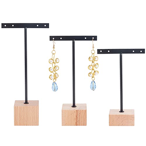 FINGERINSPIRE 3 Pcs Black Metal T Bar Earring Display Stand with Wooden Square Base 4 Holes Earrings T Stand Hanging Earring Organizer for Store Retail Photography Props（4.7 & 5.5 & 6.3 inch Height） - color: 4 Holes With Square Base