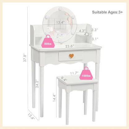 UTEX Kids Vanity, Girls Vanity Set with Mirror and Stool and Lights, Kids Vanity Table and Chair Set,Wooden Princess Makeup Desk Dressing Table, White - style: Golden Heart with LED Blubs