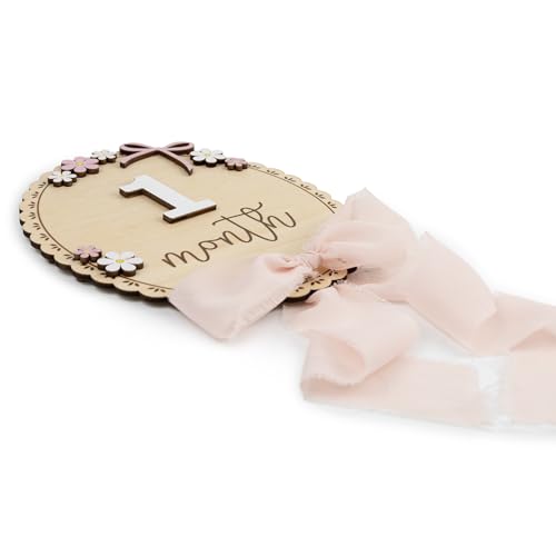 Baby Monthly Milestone Wooden Sign with Numbers, Natural Wood Milestone Board for Newborn Monthly Growth Photos, Cute 3D Flowers Photo Prop for Baby Milestone Memories (Pink Ribbon)