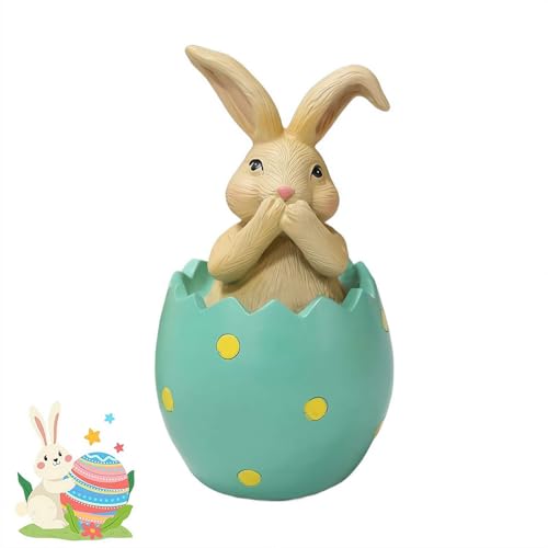 No-See No-Hear No Speak Easter Rabbit Figurines Bunny Sitting in Eggshell Resin Ornament Wise Rabbits Home Desk Shelf Spring Decor, Spring Bunny Statue for Tiered Tray Decor (Green 1pcs) - color: Green