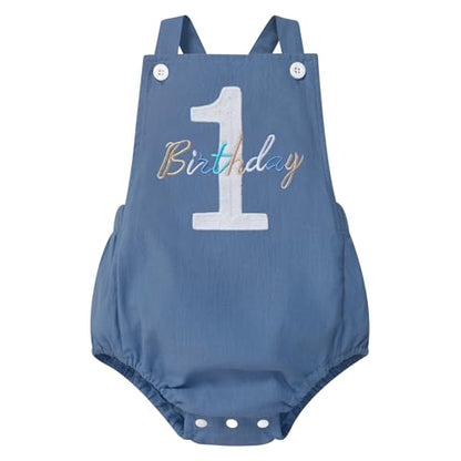 IMEKIS Baby Girls Boys Boho 1st Birthday Outfit Backless Overalls Romper for Cake Smash Photo Shoot - color: Dark Blue 1 Birthday, size: 9-12 Months