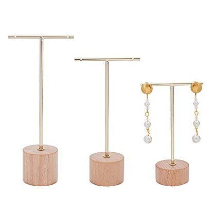 FINGERINSPIRE Gold Metal 3 Pcs T Bar Earring Display Stand with Wooden Base Jewelry Holders Hanging Jewelry Organizer for Store Retail Photography Props【Gold- Round Base, 6.3&5.5&4.6 Inch Height】 - color: Gold- Wood Round Base, 6.3&5.5&4.6 Inch Height