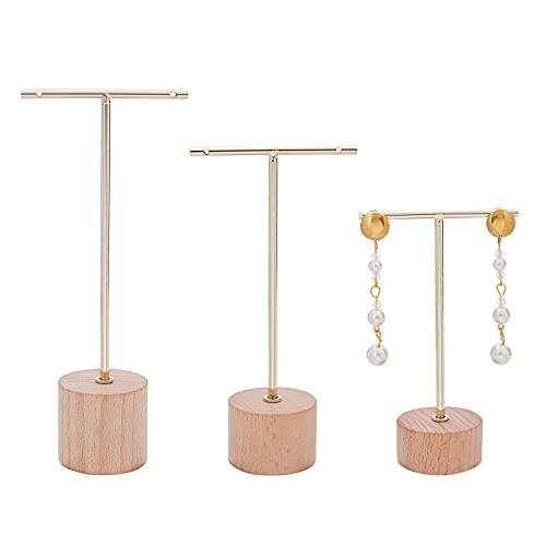 FINGERINSPIRE Gold Metal 3 Pcs T Bar Earring Display Stand with Wooden Base Jewelry Holders Hanging Jewelry Organizer for Store Retail Photography Props【Gold- Round Base, 6.3&5.5&4.6 Inch Height】 - color: Gold- Wood Round Base, 6.3&5.5&4.6 Inch Height
