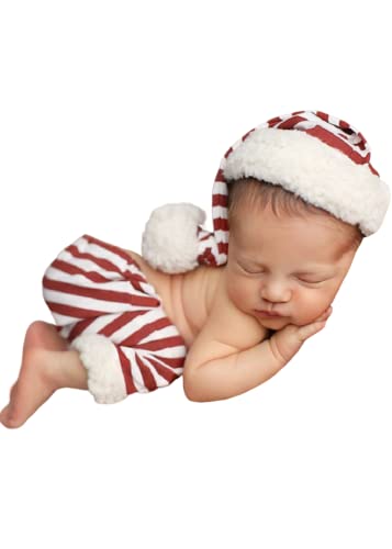 Christmas Newborn Baby Photo Shoot Props Outfits Crochet Clothes Santa Claus Red Hat Pants Photography Props - color: Red and Off-white