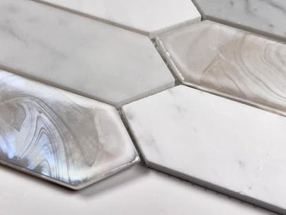 Tenedos Andalucia White Pearl Hex Picket Mosaic Tile – Iridescent Glass, Stone & Marble Blend for Shower, Backsplash, Bathroom & Accent Walls (1 Sheet) - style: 1 Sheet