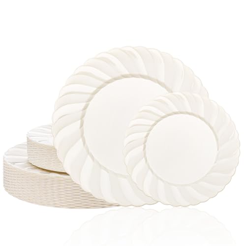 U-QE 60 Pcs Ivory Plastic Plates for Party – Scalloped Plastic Plates Heavy Duty & Elegant – Include 30 10.25" Dinner & 30 7.25" Dessert Plates - Perfect for Party & Wedding - color: Ivory