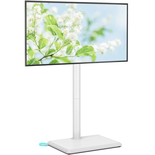 Rfiver Swivel Floor TV Stand with Mount for 28-60 inch TVs up to 88 lbs, Height Adjustable Tall TV Stand with Wood Base, Saving Space Design for Bedroom, Living Room and Corner, White - color: White