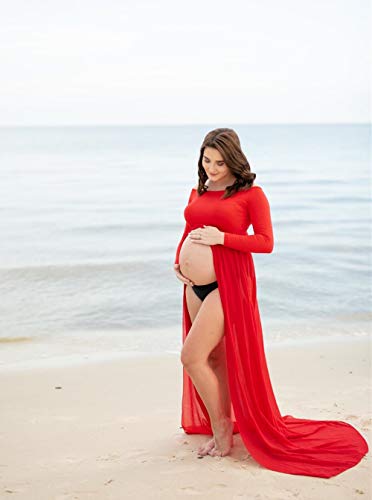 ZIUMUDY Maternity Maxi Chiffon Photography Dress Split Front Gown for Photoshoot - color: Red