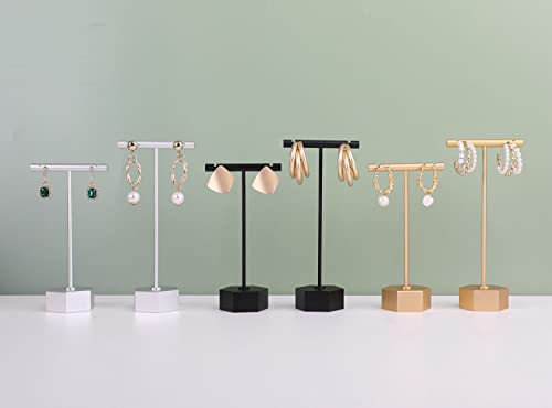 Black Metal 2pcs Earring Display T Stand for Show, T Bar Jewelry Holder Tree for Retail Photography 【Black-Hexagon Base 2pcs Height 4.5" and 5.3"】 - color: B1/Black Hexagon Base 2pcs Height 4.5" and 5.3"