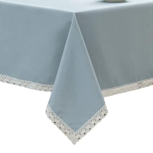 EHouseHome Faux Linen Tablecloth with Lace Trim - Waterproof/Spill Proof/Stain Resistant/Wrinkle Free/Oil Proof - for Banquet, Parties,Dinner,Kitchen,Wedding,Holiday,Blue Fog,Rectangle 60x84Inch - color: Blue Fog, size: 84" x 60" (Rectangular)