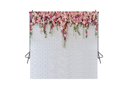 10x10ft White Brick Wall Flowers Background Spring Theme Photography Backdrop for Mother's Day Valentine Wedding Bridal Baby Shower Birthday Party Decor Banner Portrait Photo Booth Prop 134 - size: 10x10ft