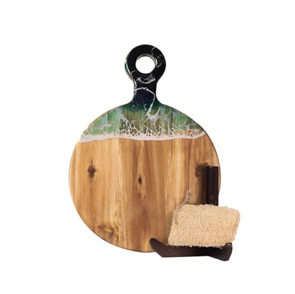 Acacia Wood Serving Board with Ocean Resin Art, 14.6" x 10.2" Charcuterie Cheese Tray for Display & Prep, Cutting Board on Back, Includes Stand & Loofah, Christmas Housewarming Gift (Round) - color: Round Cutting Board, size: 14.6" x 10.2" x 0.7"