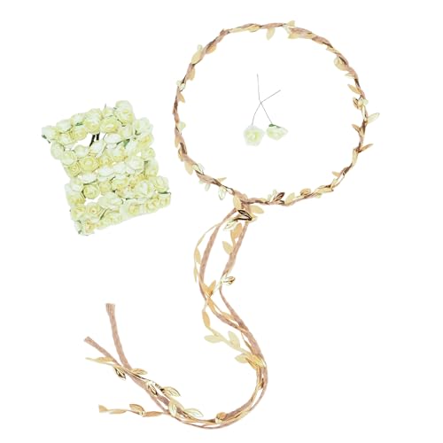 DDazzling Flower Crown Floral Wreath Headband Floral Garland Headbands Photo Props,Rose Flower Crown Kit, 3 Piece (Ivory and Gold) - color: Ivory and Gold