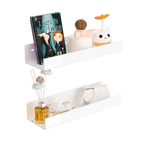 12 Inches White Acrylic Wall Shelves 2 Pack, Acrylic Bookshelf for Wall. Wall Mounting Shelf for Living Room - color: White, size: 12 Inch