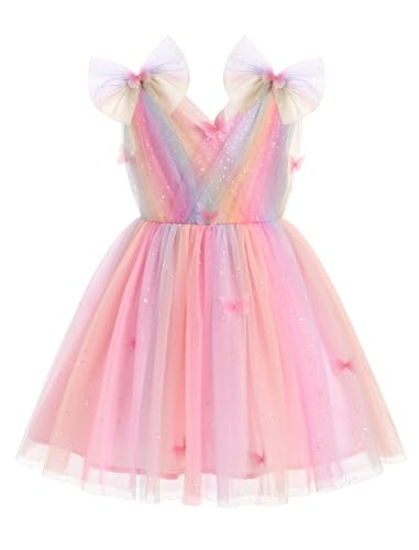 IMEKIS Toddler Kids Girls Butterfly Dress Sparkle Sequins Tulle Wedding Formal Birthday Dresses 2-10T - color: Rainbow Pink, size: 2-3T