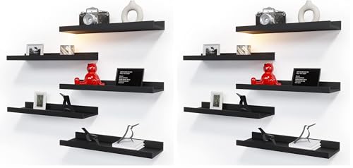 RICHER HOUSE 5 Set Floating Wall Mounted Shelves, Black Shelves for Wall Decor, Modern Picture Ledge Shelf with Lip for Storage, Nursery, Bedroom, Living Room, Bathroom - Black (Pack of 2) - color: Black, size: 5pcs*15.75in (Pack of 2)