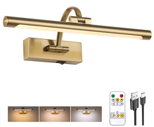 Tassuowell Wireless Picture Lights for Wall Rechargeable, Battery Operated Art Light for Paintings, 3CCT Dimmable, 15.7" Brass Finish with Remote, Rotatable Gallery Light for Pictures Display - color: Brass, size: 15.7inch