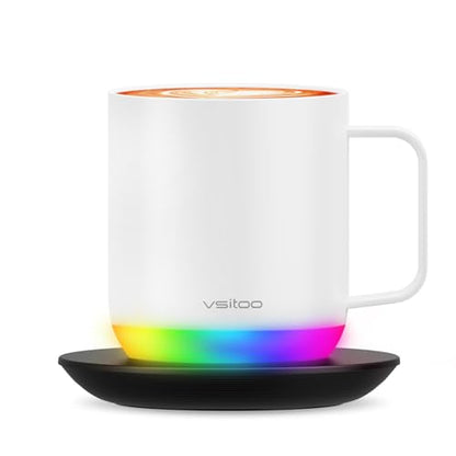 Vsitoo S6 Plus Smart Coffee Mug, 12oz,Temperature Controlled Mug & Electric Coffee Mug with Music Sync Lights，Auto-Sensing AI Heats Drinks to 120-150°F Hands-Free. Ideal for Home/Office/Gifts - White - color: White