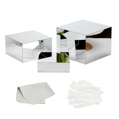 Acrylic Silver Mirror Display Riser, 3 Pcs Glossy Silver Risers for Display Food Display Lifter Nesting Display Risers Hollow Bottom, Acrylic Box Rack Perfume Cosmetics Collection Stand - color: Silver