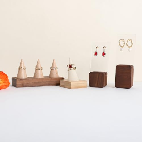 Wooden ring organizer holder for jewelry, Stable ring display stand for boutique store, walnut base with white ring cones for jewelry selling【Ring holder-Cone 3】 - style: Three Cone