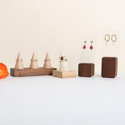 Wooden ring organizer holder for jewelry, Stable ring display stand for boutique store, walnut base with white ring cones for jewelry selling【Ring holder-Cone 3】 - style: Three Cone