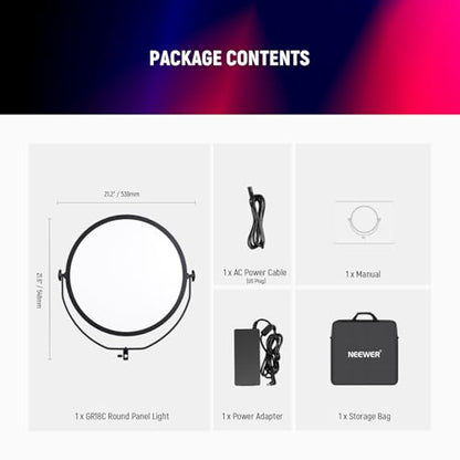 NEEWER 18" RGB LED Round Panel Video Light with APP Control, 65W 6000Lux/0.5m 2500K-8500K RGBCW Photography Studio Lighting /18 Scenes/V Battery Powered for Outdoor Filming Recording Streaming, GR18C - style: RGB