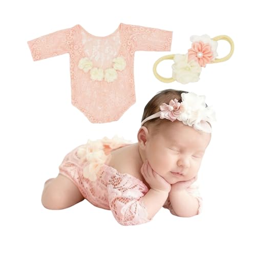 Newborn Photography Outfits, Cute Baby Lace Ribbon Rompers with Headband for Infant Photography Props - color: Light Pink