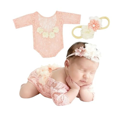 Newborn Photography Outfits, Cute Baby Lace Ribbon Rompers with Headband for Infant Photography Props - color: Light Pink