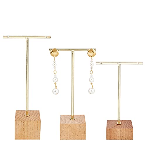 FINGERINSPIRE 3 Pcs Gold Metal T Bar Earring Display Stand 6.3/5.5/4.5 Inch Height Jewelry Stand with Wooden Square Base Earring Hanging Holders Jewelry Organizer for Store Retail Photography Props - color: Gold- Square Base, 6.3&5.5&4.5 Inch Height