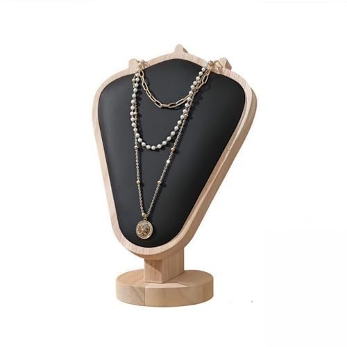 Natural Body Wood Necklace Display Stand with Black Leather Soft Mat Necklace Holder Organizer Desktop Stand for Home Store Dresser-3.3"x5.8"x8.4" - color: Natural-Black, size: 3.3"x5.8"x8.4"