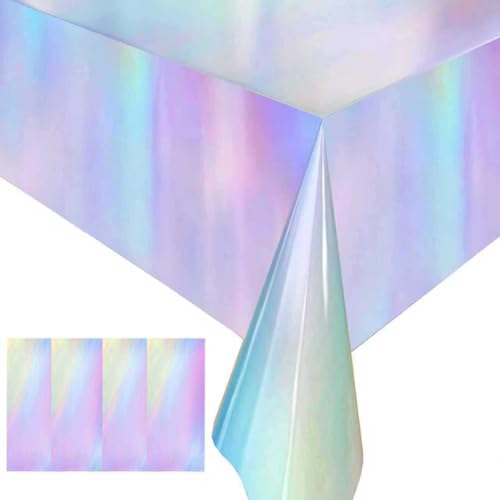 4 Pack Iridescent Plastic Tablecloths Disposable Table Cover Sparkly Foil Table Cloth for Rectangle Tables Party Decorations Birthday Princess Bridal Wedding Christmas Iridescence, 54 x 108 Inch - color: Shiny Silver
