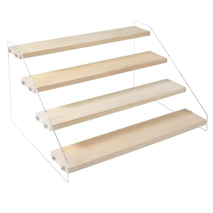 2 Pack 4 Tier 12 Inch Acrylic Wooden Display Stand, Clear Acrylic Display Riser Shelf Wood Tiered Display Shelf Rack Step Ladder Riser Stands for Cupcakes Perfumes Figures Collectibles