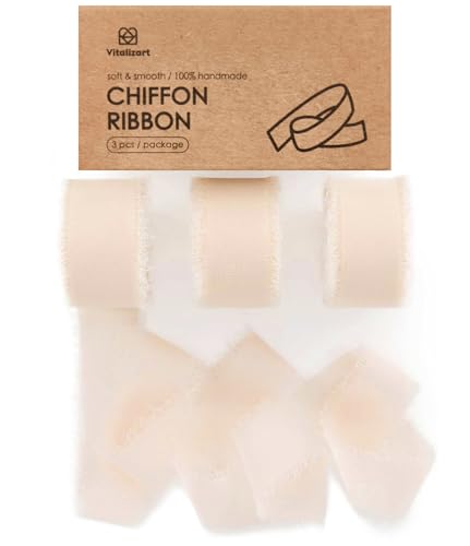 Vitalizart Light Nude Chiffon Silk Ribbon 1" x 21 Yd Fringe Fabric Package (3 Rolls * 7 Yd) for Wedding Invitations Bridal Bouquets Decorations Gifts Wrapping & Bow Making - color: light nude