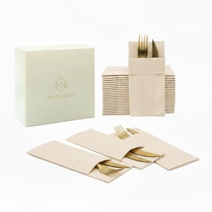 Moyes Home Beige Disposable Dinner Napkins with Pocket - Linen-Feel Pre-Folded Cloth-Like Paper Napkins for Silverware, Weddings, Dinner Parties, 16x16 in, Pack of 50 - color: Beige