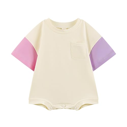 Bafeicao Baby Boy Girl Bubble Romper Color Block Short Sleeve T Shirt Newborn Summer Bodysuit - color: Purple With Pocket, size: 6-12 Months