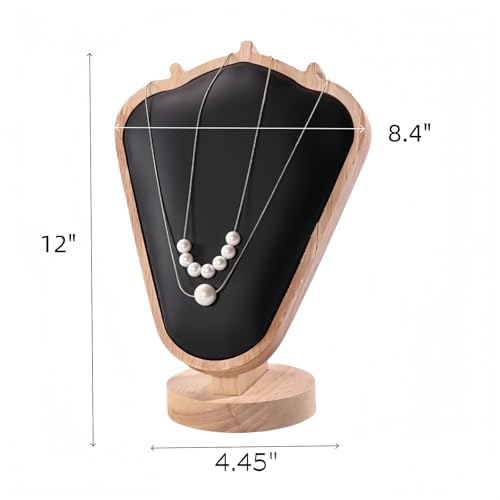 Natural Body Wood Necklace Display Stand with Black Leather Soft Mat Necklace Holder Organizer Desktop Stand for Home Store Dresser-4.45"x8.4"x12" - color: Natural-Black, size: 4.45"x8.4"x12"