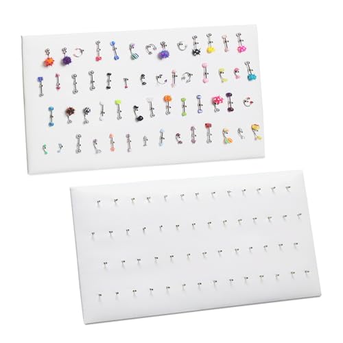 MOOCA 54 Clip Pendant/Body Jewelry Showcase Display Pad with Built in Easel for Belly Button Rings, Tongue Rings and Industrial Barbell Organizer, White Leatherette, 2 Pieces Set - color: White Faux Leather