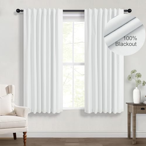 White Blackout Kitchen Curtains 45 Inch Length for Small Window Bedroom Cute Cottage Short Flax Linen Curtain 2 Panel Sets Heat Blocking Insulated Thermal Cafe Drapes Rod Pocket Back Tab 52 x 45 Long - color: White, size: 52"W x 45"L (Pack of 2)