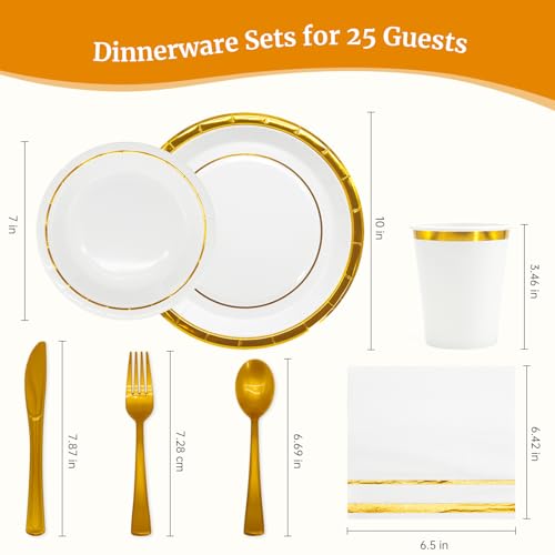 AIRE 175PCS White Gold Paper Plates Party Supplies Dinnerware Sets for 25 Guests, Disposable Paper Party Plates, Cups and Napkins, Gold Plastic Forks Knives Spoons for Wedding Birthday BBQ Parties - color: 175pcs White Gold