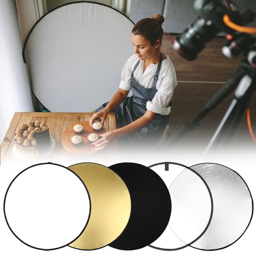 QWORK 22 Inch (60 cm) 5-in-1 Collapsible Light Reflector & Diffuser - Translucent, Silver, Gold, White, Black, Multi Disc Photography Reflector for Studio Outdoor Photography