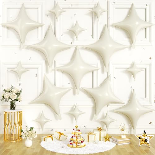 Cream Balloons, 16 PCS Four Angle Star Foil Balloons, 26 Inch and 10 Inch Cream Stars Shaped Balloon for Graduation Birthday Baby Shower Anniversary Retirement Engagement New Year Party Decorations - color: Cream