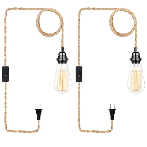Industrial Hanging Light with Plug in Cord - Hemp Rope On/Off Switch, Farmhouse Pendant Light for Dining Room - color: 2 Pack 15Ft hemp rope
