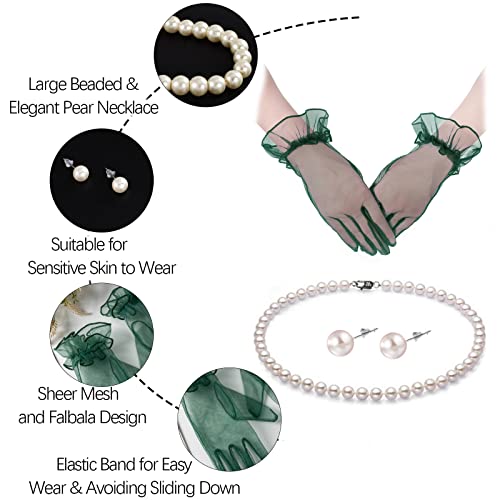 Fascinators Hats with Gloves Set for Women 20s 50s Cocktail Tea Party Wedding Costume Headwear - color: B-blackish Green